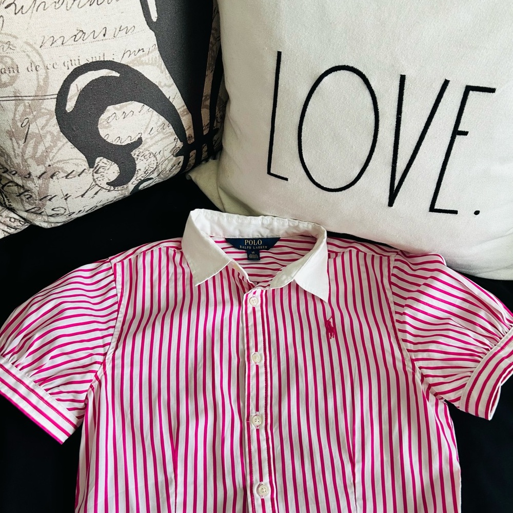 Girls Pink & White Striped Cotton Fun Shirtdress 🩷🤍 Sz 14 - Picture 2 of 4